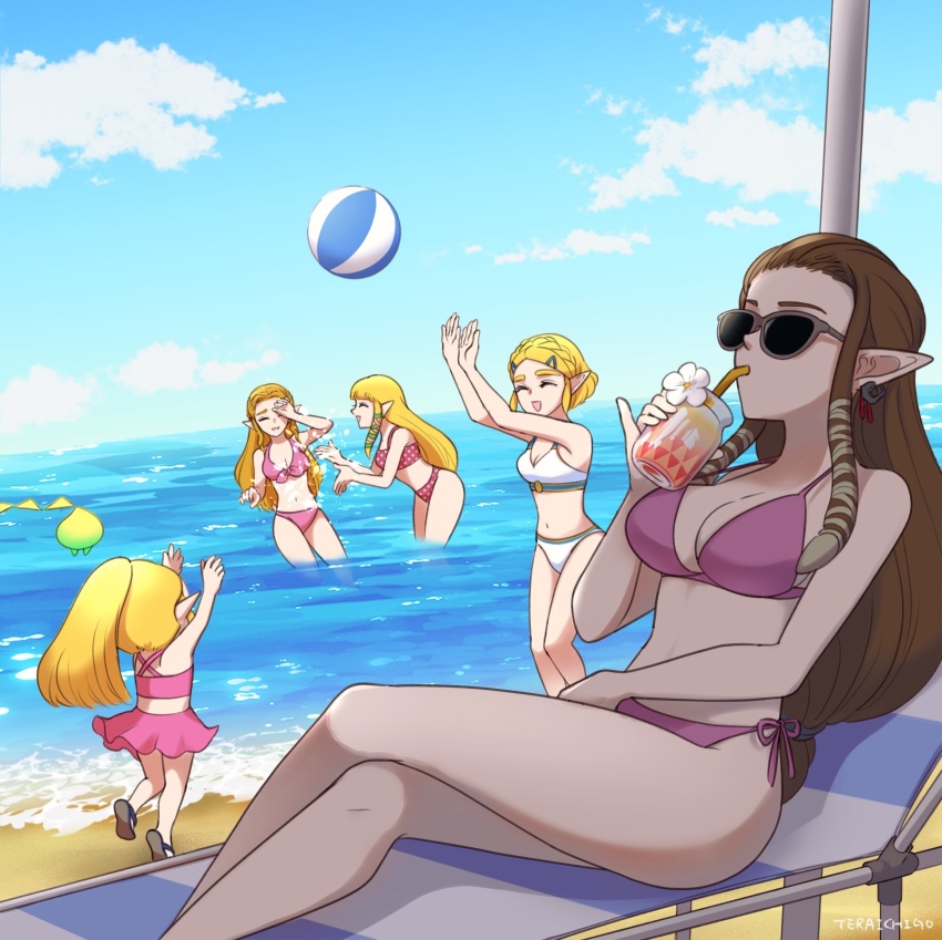 5girls beach bikini bikini_skirt blonde_hair breasts brown_hair cleavage commentary cup drinking_glass drinking_straw english_commentary female_focus highres in-franchise_crossover long_hair low-tied_long_hair medium_breasts multiple_girls multiple_persona navel nintendo pink_bikini pointy_ears ponytail princess_zelda purple_bikini short_hair side-tie_bikini_bottom splashing stomach sunglasses swimsuit teraichigo the_legend_of_zelda the_legend_of_zelda:_echoes_of_wisdom the_legend_of_zelda:_ocarina_of_time the_legend_of_zelda:_skyward_sword the_legend_of_zelda:_tears_of_the_kingdom the_legend_of_zelda:_twilight_princess tri_(zelda) white_bikini
