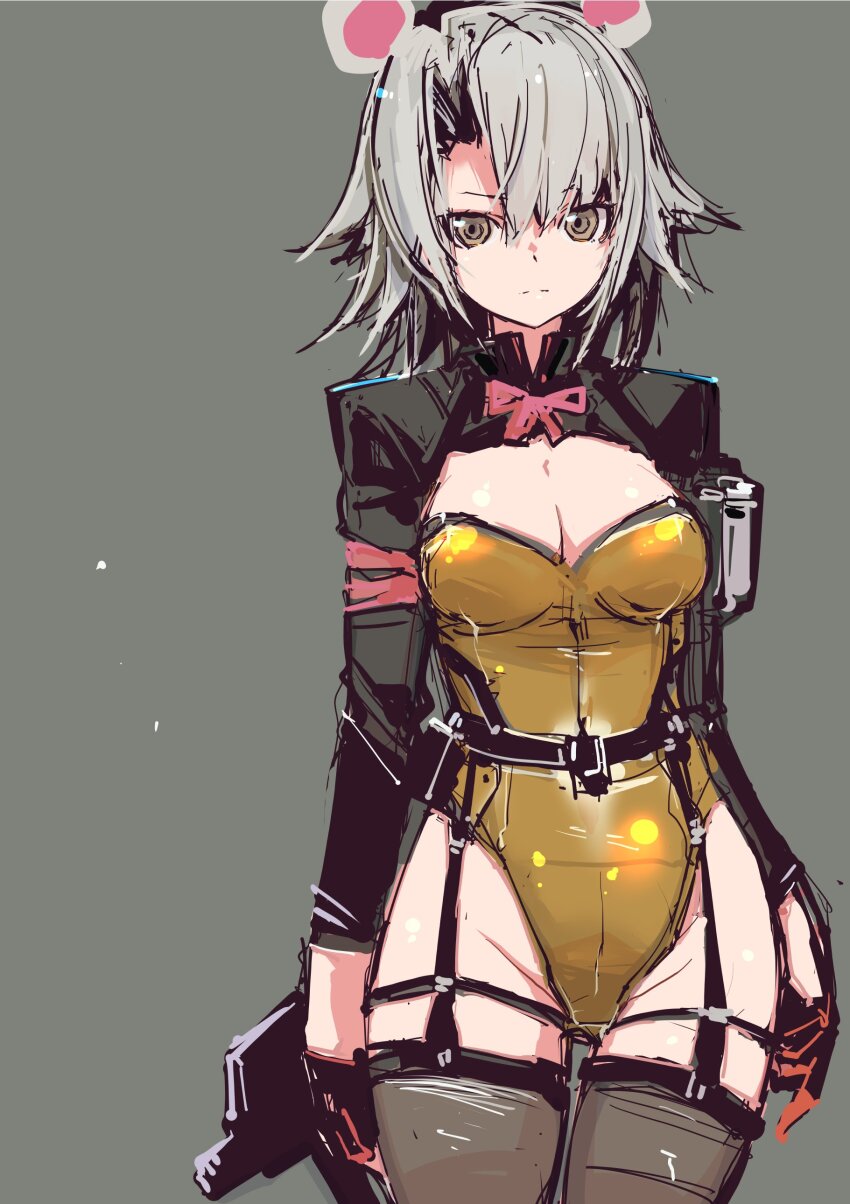 1girl absurdres animal_ears black_shrug bow breasts fake_animal_ears garter_straps girls&#039;_frontline girls&#039;_frontline_2:_exilium gloves gold_leotard grey_background grey_hair highres leotard looking_at_viewer medium_breasts medium_hair official_alternate_costume shrug_(clothing) solo thigh_gap thighhighs vector_(girls&#039;_frontline) vector_(girls&#039;_frontline_2) vector_(molotov_bunny)_(girls&#039;_frontline_2) yellow_eyes yoto_(rinlin2)