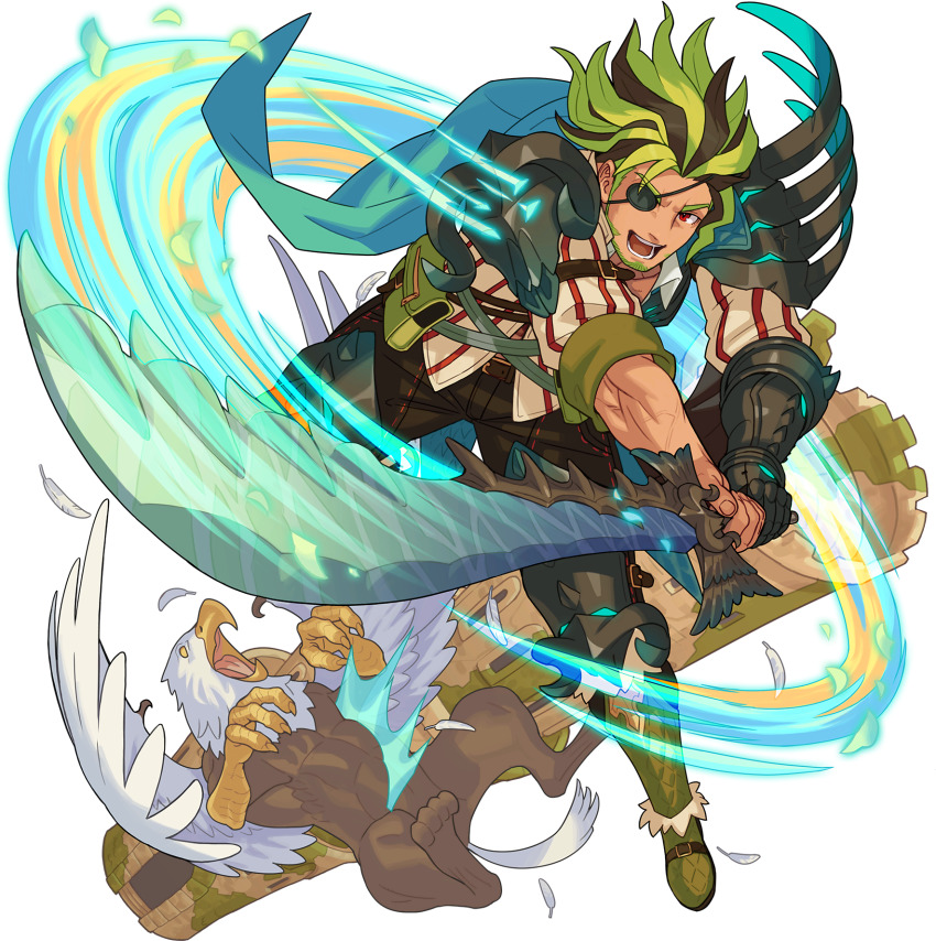 1boy aqua_cape armor artist_request beard belt blank_eyes bone bone_weapon boots brown_hair cape claws collarbone collared_shirt dutch_angle eyepatch facial_hair feathers full_body gauntlets glowing greaves green_boots green_facial_hair green_hair happy highres hippogriff_(fate) holding holding_sword holding_weapon jacket knee_boots leon_(world_flipper) light_trail looking_at_viewer male_focus medium_hair midair moss multicolored_hair non-web_source official_art open_mouth outstretched_arms pinstripe_pattern pouch red_eyes red_jacket shirt shoulder_armor sidelocks single_gauntlet smile solo spread_legs striped sword teeth tower transparent_background two-handed two-tone_hair v-shaped_eyebrows veins weapon white_shirt world_flipper yellow_eyes zipper
