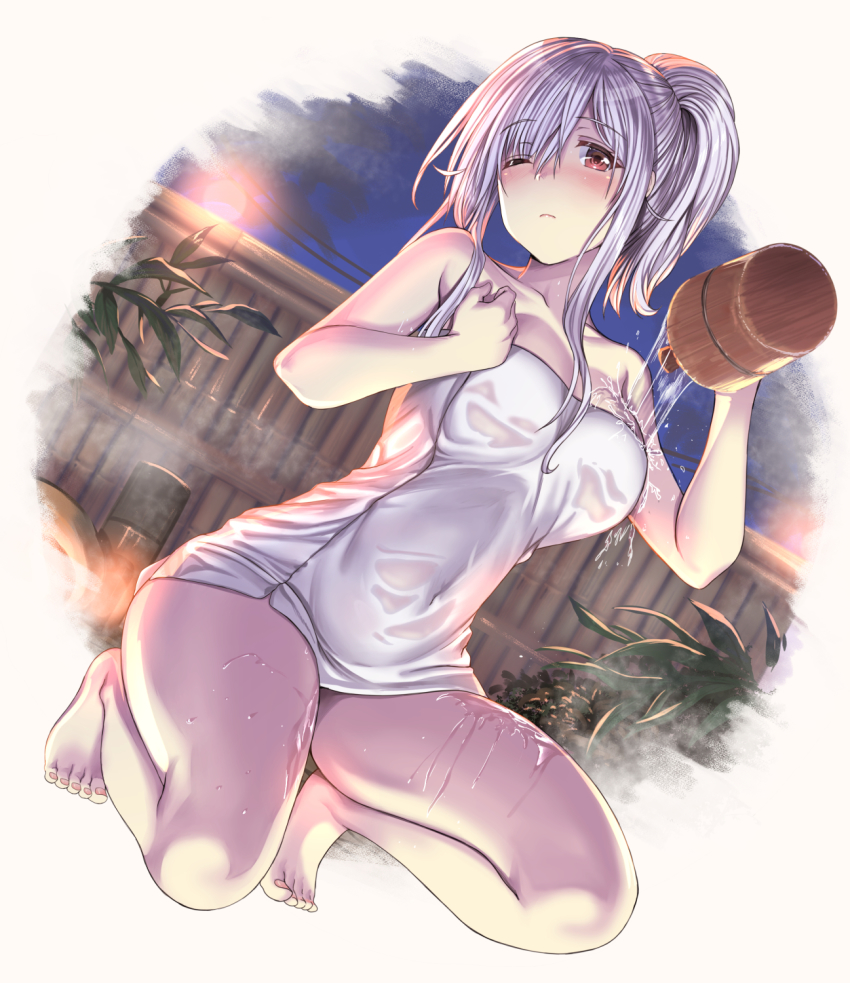1girl aldehyde barefoot bath bathing blush breasts brown_eyes bucket closed_mouth commentary_request covering_privates hair_between_eyes high_ponytail highres holding holding_towel large_breasts long_hair naked_towel neeko_(aldehyde) neeko_wa_tsurai_yo neet night night_sky nude_cover one_eye_closed onsen outdoors plant ponytail sidelocks silver_hair sky squatting steam thighs towel water wet wooden_bucket