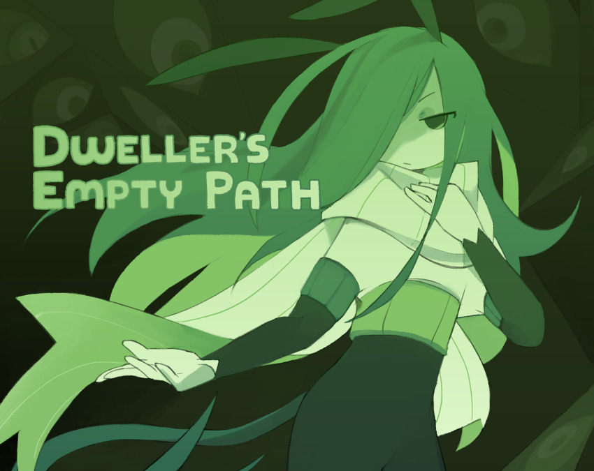 1girl androgynous antennae copyright_name dweller&#039;s_empty_path english_text green_theme highres long_hair monochrome official_art pants scarf solo standing tail temmie_chang very_long_hair yoki_(dweller&#039;s_empty_path)
