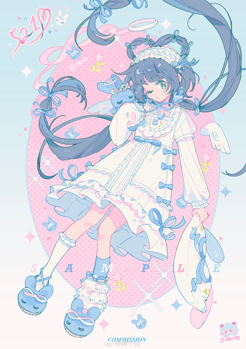 1girl absurdres angel_wings animal_slippers artist_name asymmetrical_legwear black_hair blue_background blue_bow blue_ribbon blue_slippers blue_socks bow bunny_slippers cartoon_wings chinese_commentary colored_eyelashes commentary_request commission dated detached_wings dress dress_bow floating_hair flower footwear_ribbon frilled_sleeves frills full_body gradient_background green_eyes hair_ribbon hair_rings hairband highres holding holding_stuffed_toy kneehighs layered_sleeves long_hair long_sleeves looking_at_viewer low_twintails medium_dress mini_wings mismatched_legwear multicolored_background one_eye_closed open_mouth original oval pink_background pink_flower polka_dot polka_dot_background puffy_long_sleeves puffy_sleeves rabbit_on_shoulder ribbon see-through_clothes see-through_sleeves short_over_long_sleeves short_sleeves single_wing slippers socks solo sparkle stuffed_animal stuffed_rabbit stuffed_toy twintails very_long_hair watermark weibo_watermark white_background white_dress white_hairband white_ribbon white_socks white_wings wings yeshisi