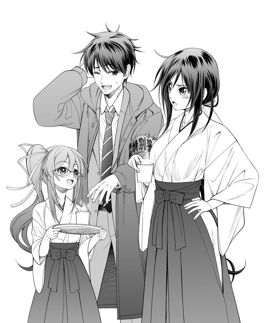 1boy 2girls absurdres belt black_belt black_hair blush breasts brown_hair chaos;child coat eibon hair_ornament hair_ribbon hakama happy height_difference highres holding holding_plate hot_drink jacket japanese_clothes kunosato_mio large_breasts long_hair male_focus miko multiple_girls necktie open_clothes open_jacket open_mouth plate ribbon shinjo_takeshi shinjou_takeshi short_hair sidelocks size_difference striped_necktie tongue very_long_hair winter_clothes winter_coat yamazoe_uki