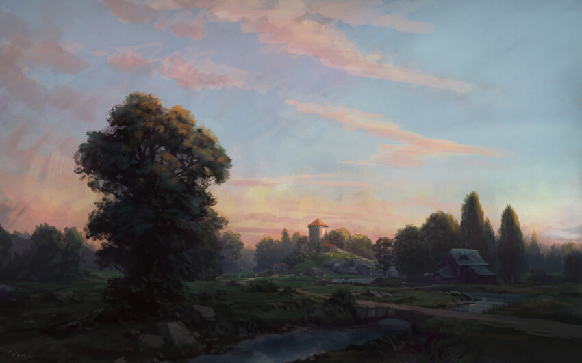 absurdres blue_sky bridge building cloud commentary dawn dirt_road english_commentary forest highres house krita_(medium) landscape nature no_humans orange_sky original outdoors philipp_urlich road rural scenery signature sky stream tower tree village water
