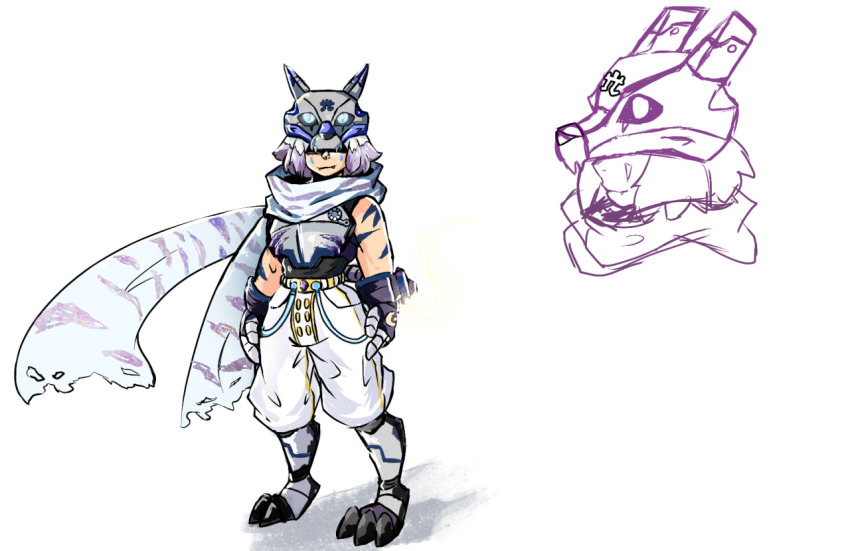 1boy digimon digimon_(creature) fang helmet male_focus oridigi original scarf solo wolfmon