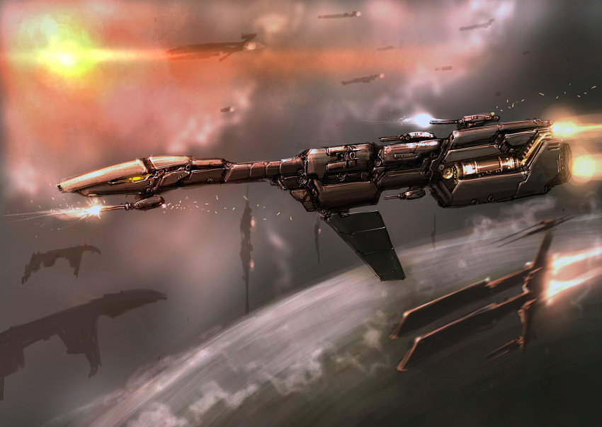 amarr_empire_(eve_online) apocalypse_(eve_online) attack_ship_(eve_online) battle battleship_(eve_online) brown_theme cannon capital_ship_(eve_online) cloud combat_ship_(eve_online) commentary cruiser_(eve_online) dreadnought_(eve_online) dreadnought_(warhammer_40k) eve_online fire firing fleet flying frigate_(eve_online) from_side highres in_orbit machinery military_vehicle minmatar_republic_(eve_online) motion_blur muzzle_flash naglfar_(eve_online) no_humans outdoors planet rifter_(eve_online) scenery science_fiction shadowing space spacecraft stabber_(eve_online) star_(sky) thrusters turret vehicle_focus
