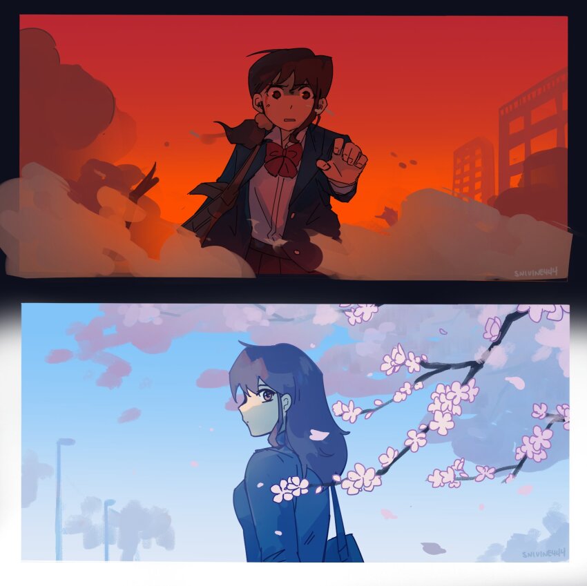 1girl bag black_hair black_skirt blue_jacket blue_sky bow bowtie branch cherry_blossoms collared_shirt commentary debris english_commentary highres jacket long_hair looking_at_viewer love-bullet reaching red_bow red_bowtie red_sky school_uniform shirt shoulder_bag side_ponytail signature skirt sky snivisnivi444 tamaki_aki white_shirt