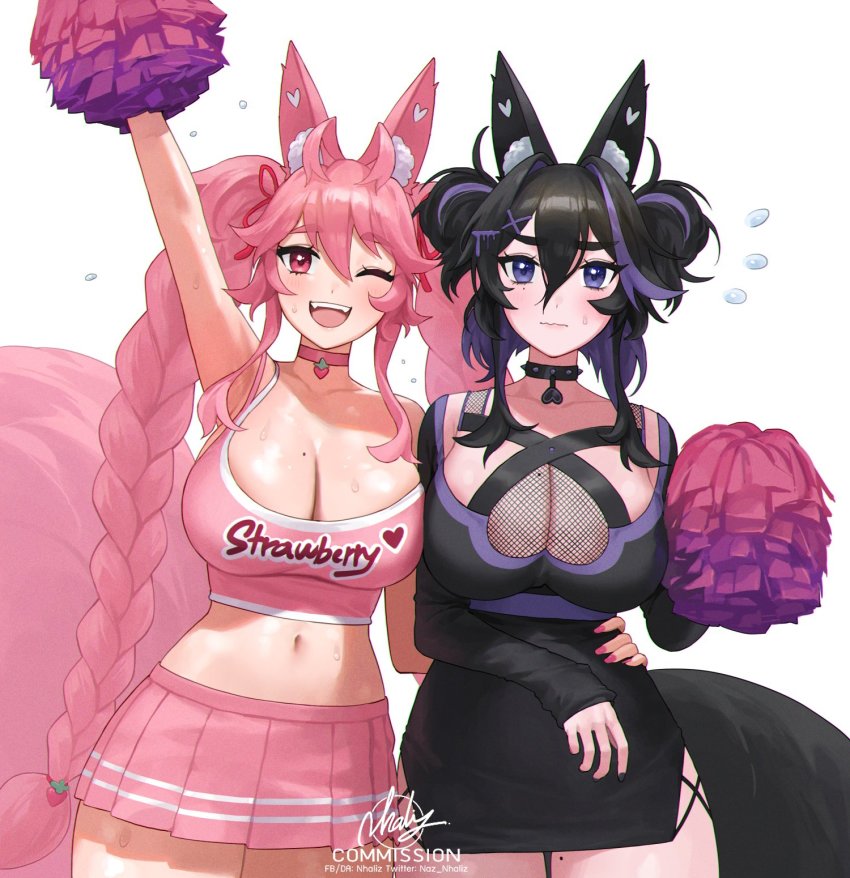 2girls :d animal_ears arm_up black_dress black_hair braid breasts cheerleader choker cleavage clothes_writing commission crop_top double_bun dress flying_sweatdrops fox_ears fox_girl fox_tail hair_between_eyes hair_bun hair_ornament hand_on_another&#039;s_waist highres kireina_(osiimi) kuroina_(osiimi) large_breasts large_tail long_hair long_sleeves midriff miniskirt mole mole_on_breast mole_on_thigh multicolored_hair multiple_girls nail_polish navel nhaliz one_eye_closed open_mouth original pink_eyes pink_hair pleated_skirt pom_pom_(cheerleading) purple_eyes purple_hair reluctant short_dress signature skirt sleeves_past_wrists smile spiked_choker spikes streaked_hair sweat tail thick_eyebrows twin_braids twitter_username very_long_hair virtual_youtuber wavy_mouth x_hair_ornament