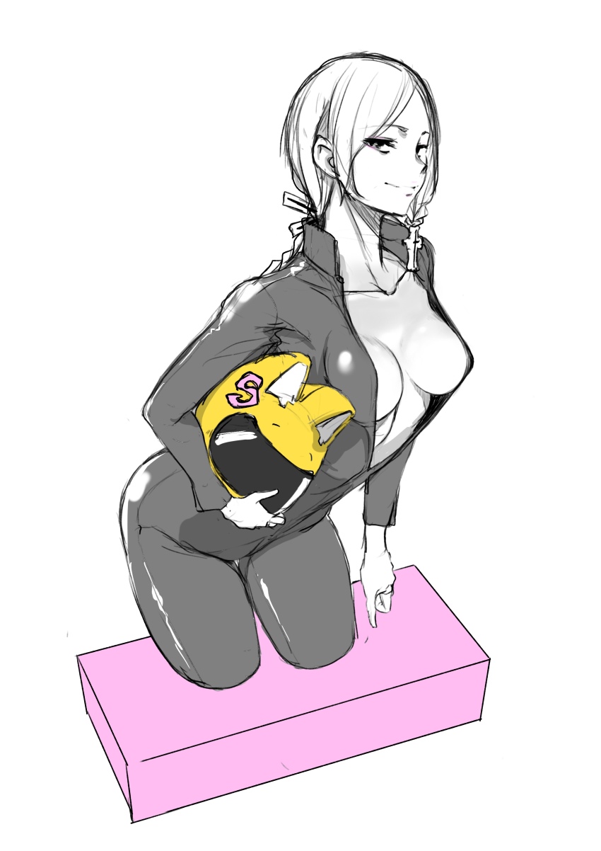 1girl absurdres animal_helmet biker_clothes bikesuit black_bodysuit bodysuit braid breasts celty_sturluson closed_mouth collarbone cosplay durarara!! greyscale helmet highres long_hair looking_at_viewer monochrome motorcycle_helmet shinatsuhiko_yae simple_background single_braid smile solo spot_color white_background yasuda_suzuhito yozakura_quartet