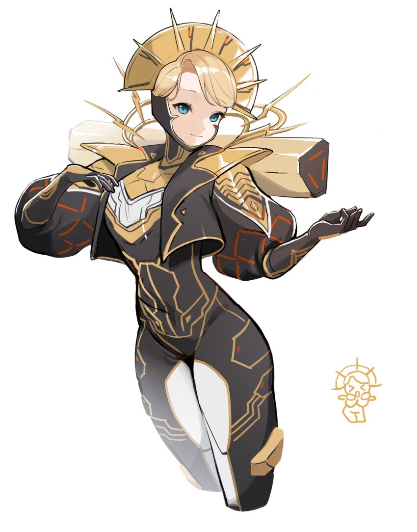 1girl apex_legends backpack bad_bluesky_id bad_id bag black_bodysuit black_gloves black_jacket blonde_hair blue_eyes bodysuit commentary cropped_jacket english_commentary gloves gold_trim hands_up headgear highres jacket short_hair simple_background solar_static_wattson solo swept_bangs upper_body very_short_hair wattson_(apex_legends) white_background yan_(s2_yan)