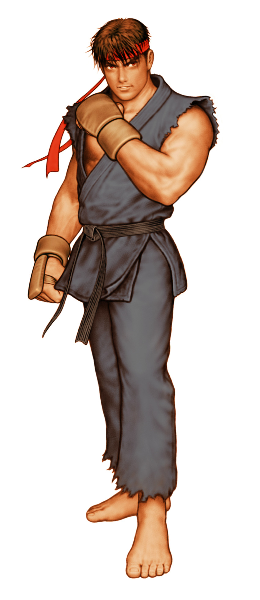 1boy absurdres black_hair capcom_vs_snk clenched_hands dark_persona dougi evil_ryu fingerless_gloves game_cg gloves hand_guard hand_up headband highres karate_gi male_focus martial_arts_belt mma_gloves mori_toshiaki muscular muscular_male non-web_source official_art parted_lips red_eyes red_headband ryu_(street_fighter) short_hair sideways_glance simple_background solo street_fighter teeth torn_clothes torn_sleeves white_background