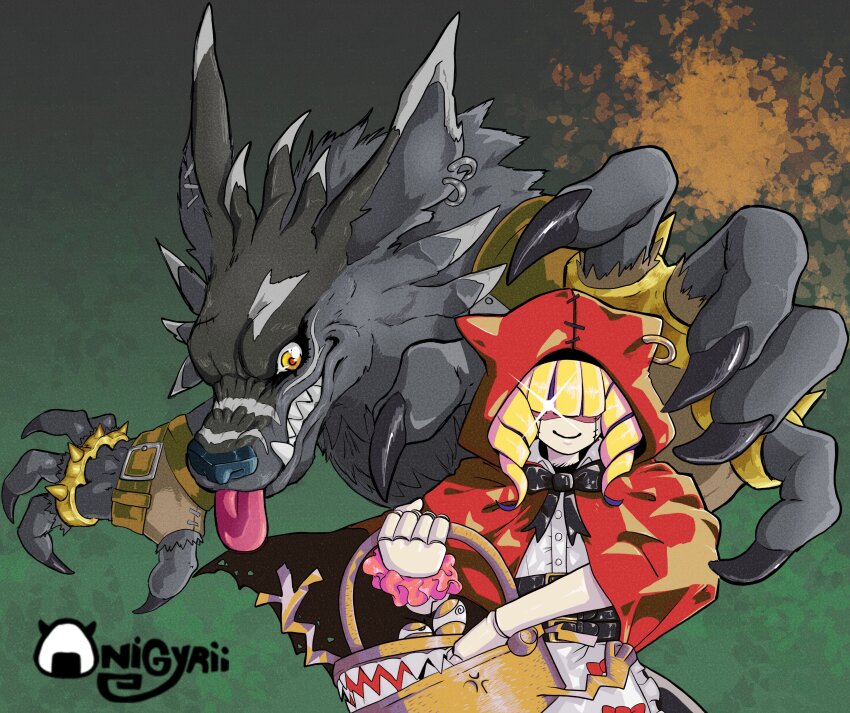 absurdres animate_object artist_logo artist_name basket black_fur black_skirt blonde_hair body_fur brass_knuckles chaperomon digimon digimon_(creature) drill_hair glowing glowing_eye green_background highres holding holding_basket hood hood_up logo medium_hair onigyrii red_hood sharp_teeth shirt skirt smile stitched_face stitches teeth tongue tongue_out twin_drills weapon weregarurumon_(black) werewolf white_shirt