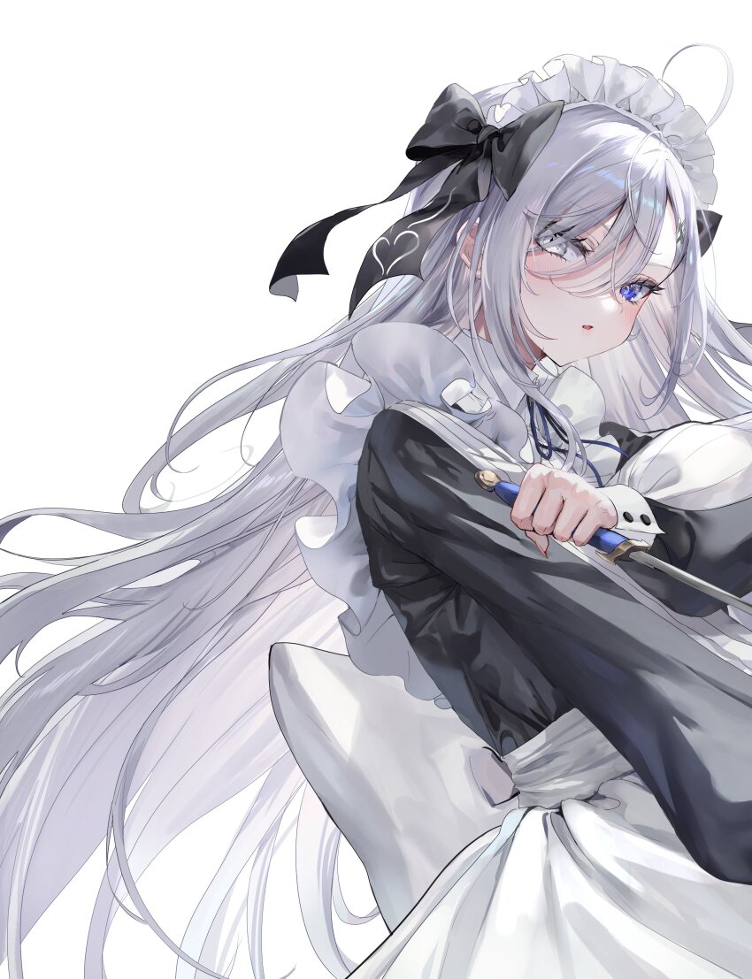1girl absurdres ahoge apron black_dress black_ribbon blue_eyes chestnut_mouth dagger dress floating_hair frilled_apron frilled_hairband frills grey_eyes hair_between_eyes hair_over_one_eye hair_ribbon hairband hashtag-only_commentary heterochromia highres holding holding_dagger holding_knife holding_weapon knife light_blush long_hair long_hair_between_eyes looking_at_viewer maid maid_apron maid_day maid_headdress nekometaru parted_bangs puffy_sleeves ribbon second-party_source shibou_yuugi_de_meshi_o_kuu sidelocks simple_background solo very_long_hair victorian_maid weapon white_apron white_background white_hair yuuki_(shibou_yuugi)