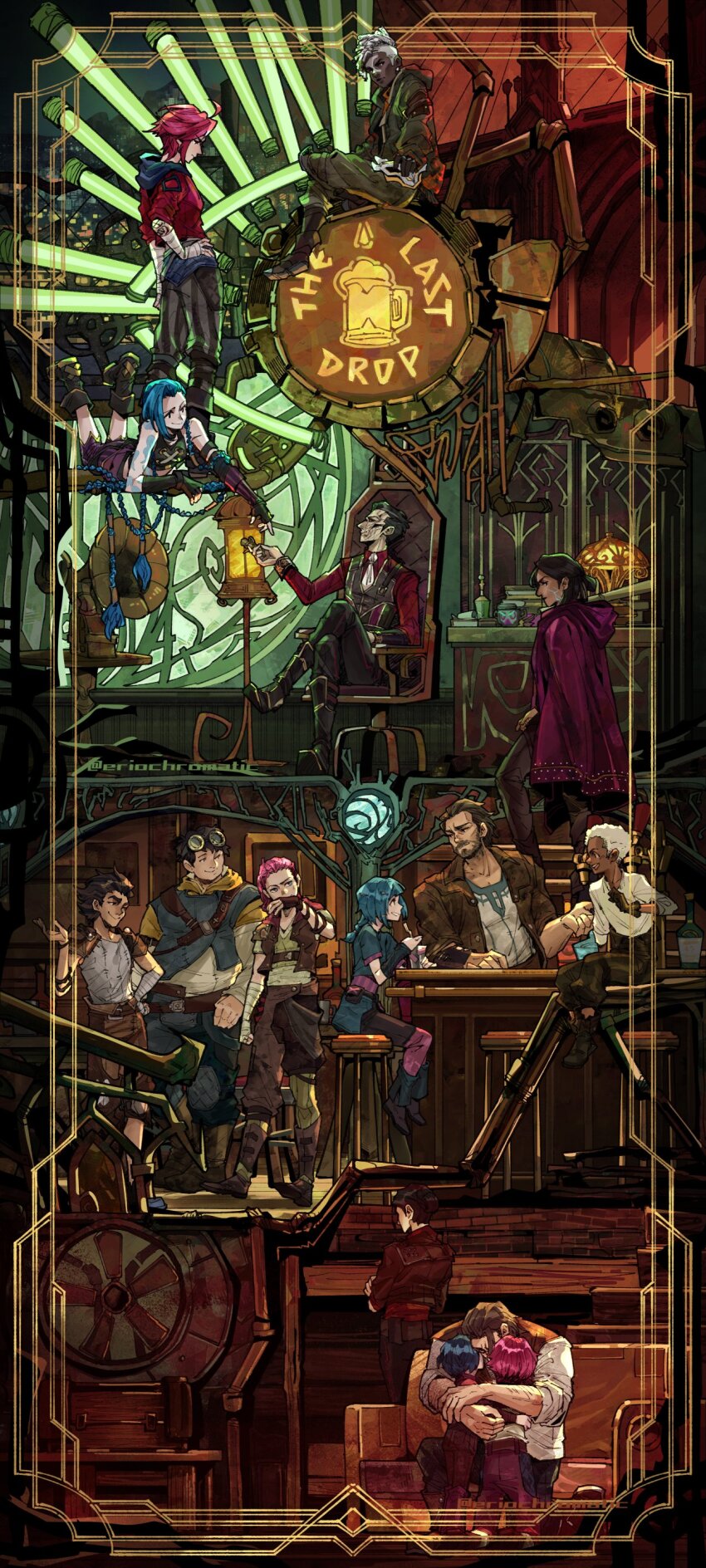 3girls 5boys absurdres arcane:_league_of_legends arcane_jinx arcane_vi artist_name beard black_hair black_shirt blue_hair blue_shirt border braid brown_hair brown_jacket brown_vest claggor_(arcane) commentary crop_top dark-skinned_male dark_skin ekko_(league_of_legends) english_commentary english_text eriochromatic facial_hair firelight_ekko highres jacket jinx_(league_of_legends) league_of_legends leather leather_jacket looking_at_another multiple_boys multiple_girls multiple_pov mylo_(arcane) ornate_border phonograph pink_hair pink_jacket pov powder_(arcane) red_shirt sevika_(arcane) shirt silco_(arcane) sitting swept_bangs twin_braids twitter_username vander_(arcane) vest vi_(league_of_legends) white_hair white_shirt
