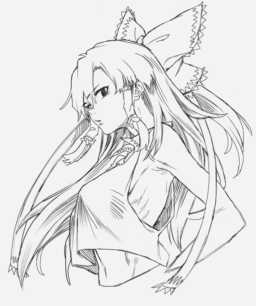 1girl akino_tsuki ascot ascot_between_breasts bare_shoulders between_breasts bow breasts cropped_torso detached_sleeves frilled_bow frills greyscale hair_bow hair_tubes hakurei_reimu highres long_hair looking_at_viewer medium_breasts midriff monochrome ribs simple_background touhou upper_body white_background