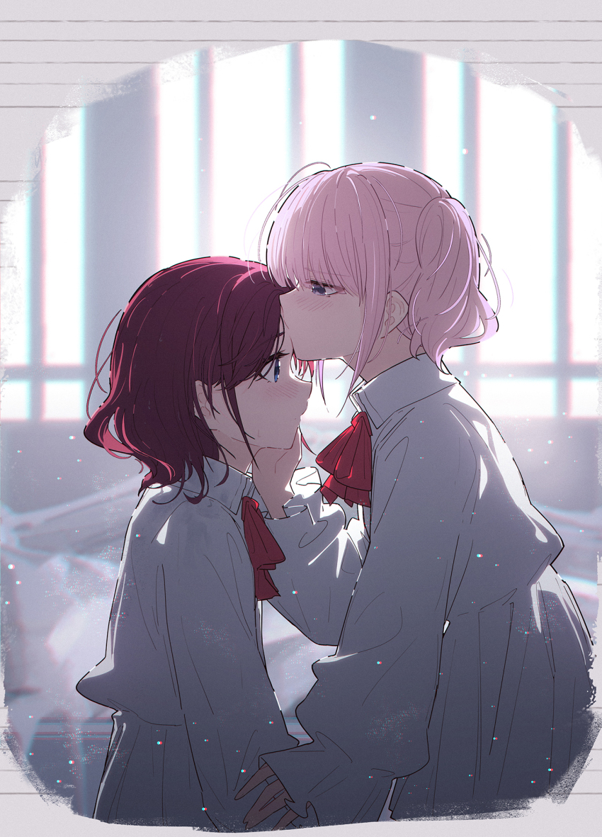 2girls blue_eyes blush bow brown_hair chinese_commentary commentary_request dress girls_band_cry grey_eyes hair_down hand_on_another&#039;s_cheek hand_on_another&#039;s_face highres hina_(girls_band_cry) iseri_nina kiss kissing_forehead light_smile long_sleeves multiple_girls pink_hair pleated_dress red_bow short_hair sleeves_past_wrists white_dress yun_cao_bing yuri