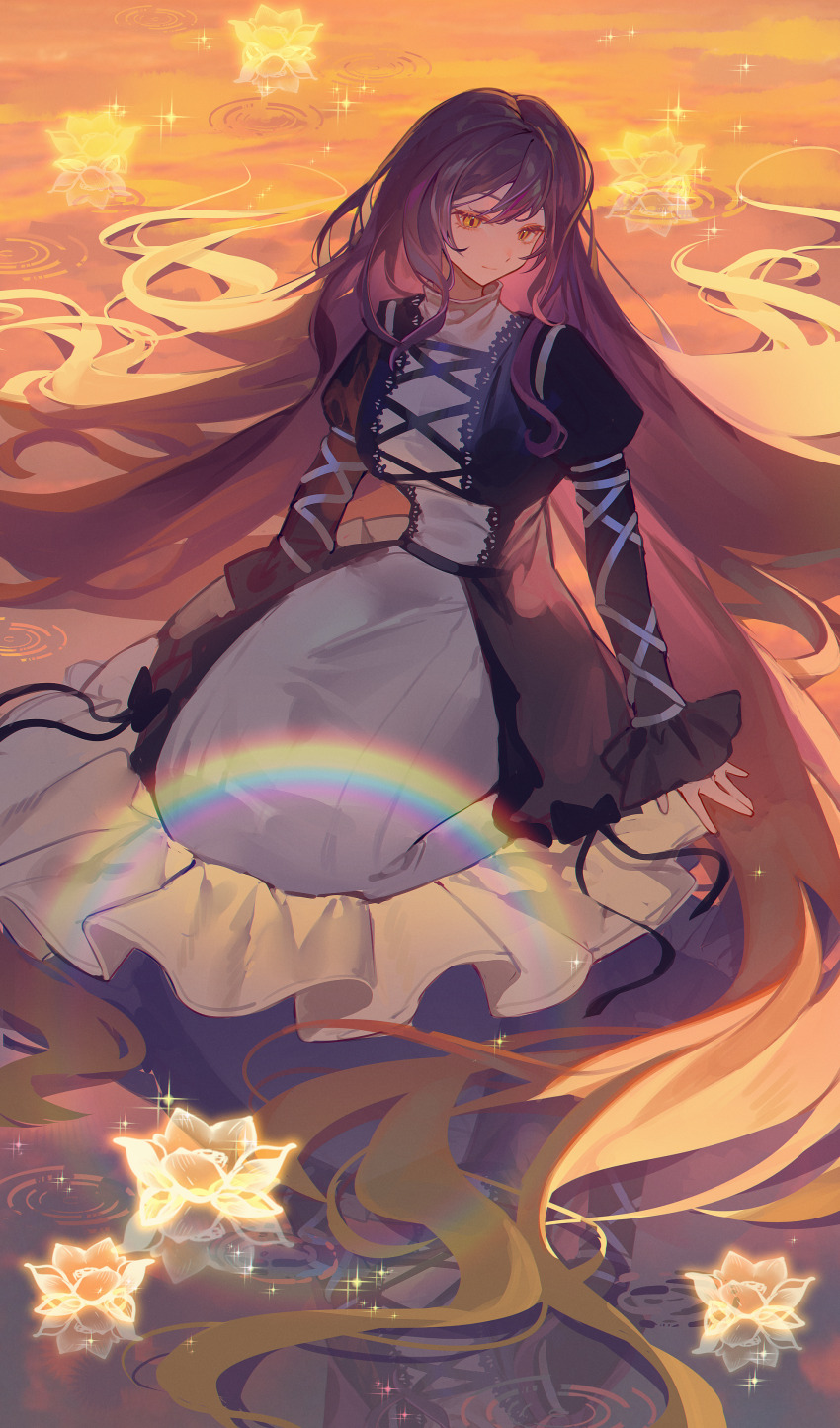 1girl absurdres black_dress blonde_hair closed_mouth commentary dress ender_xiaohai gradient_hair highres hijiri_byakuren long_hair multicolored_hair purple_hair sitting solo touhou two-tone_hair very_long_hair yellow_eyes