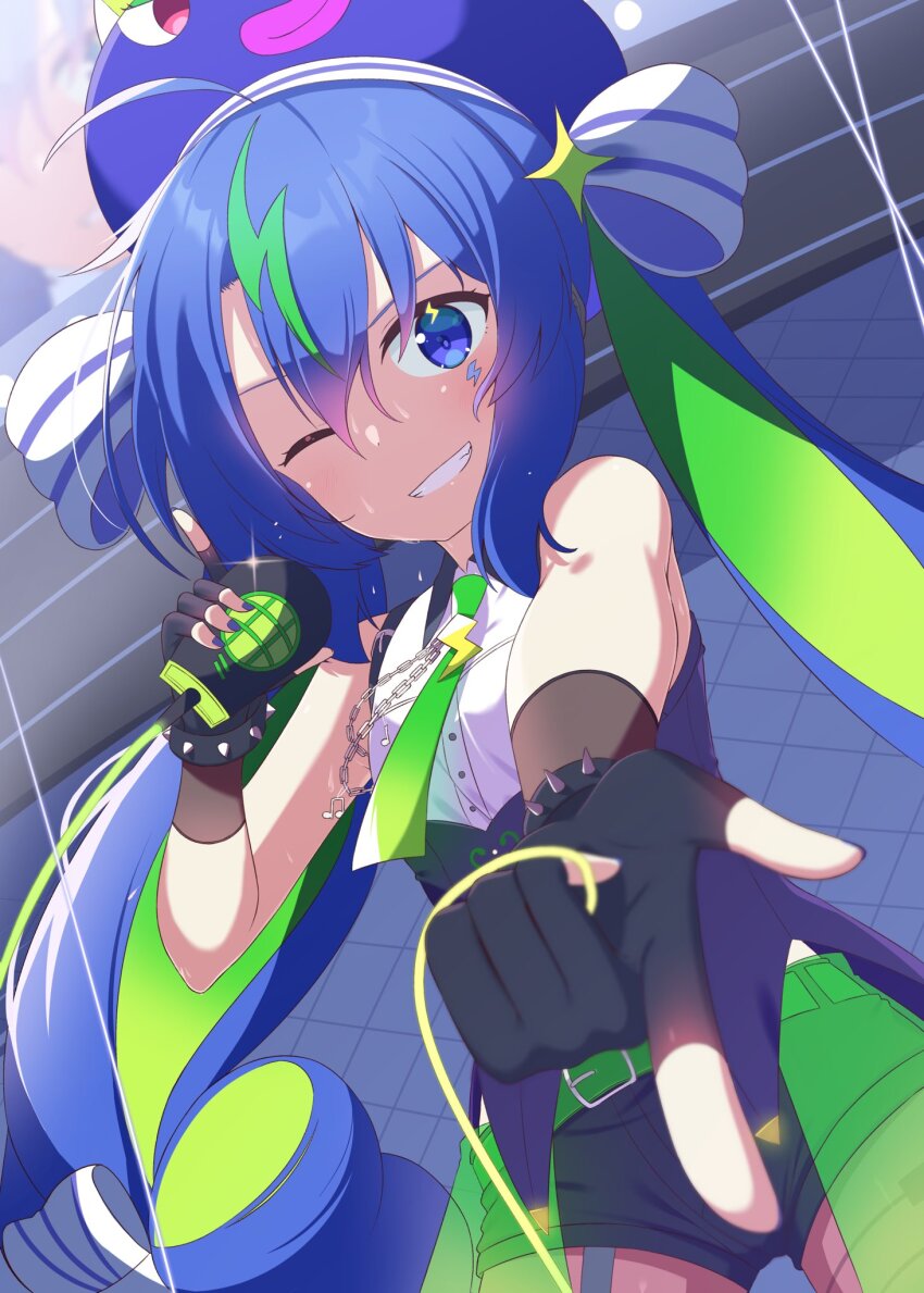 1girl ahoge animal_ears bare_shoulders belt black_collar black_gloves black_shorts blue_belt blue_corset blue_eyes blue_hair blue_hat blue_nails chaakusu chain collar collared_shirt commentary contrast_collar corset dutch_angle eel_hat facial_mark fingerless_gloves gloves green_belt green_necktie green_skirt green_streaks grin hair_between_eyes hair_ribbon hat hat_ribbon highres holding holding_microphone idol lightning_bolt_facial_mark lightning_bolt_symbol long_hair looking_at_viewer low-tied_long_hair mark_under_eye microphone multicolored_hair music musical_note nail_polish necktie one_eye_closed otomachi_una otomachi_una_(vocaloid6_spicy) outstretched_arm overskirt pantyhose pointing purple_stripes ribbon see-through_clothes see-through_skirt shirt short_shorts shorts singing skirt sleeveless sleeveless_shirt smile solo sparkle_hat_ornament spiked_wristband spikes stage streaked_hair sweat twintails v-shaped_eyebrows very_long_hair vocaloid white_shirt
