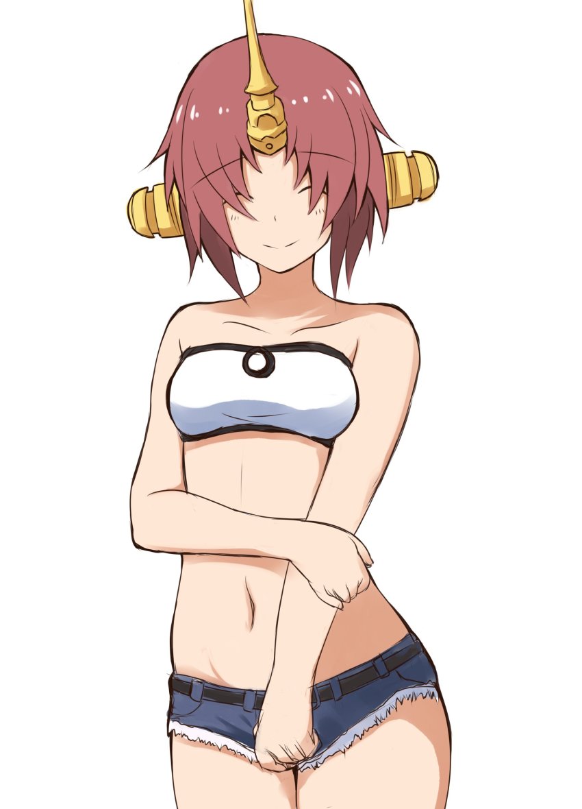 1girl ^_^ absurdres bandeau bare_arms bare_shoulders belt black_belt blue_shorts blush closed_eyes closed_mouth collarbone commentary_request cosplay cowboy_shot cutoffs denim denim_shorts facing_viewer fate/apocrypha fate_(series) female_focus frankenstein&#039;s_monster_(fate) hair_over_eyes head_tilt highres horns micro_shorts mitiru_ccc2 mordred_(fate) mordred_(fate)_(cosplay) mordred_(fate/apocrypha) mordred_(memories_at_trifas)_(fate) navel short_shorts shorts simple_background single_horn sketch smile solo white_background white_bandeau