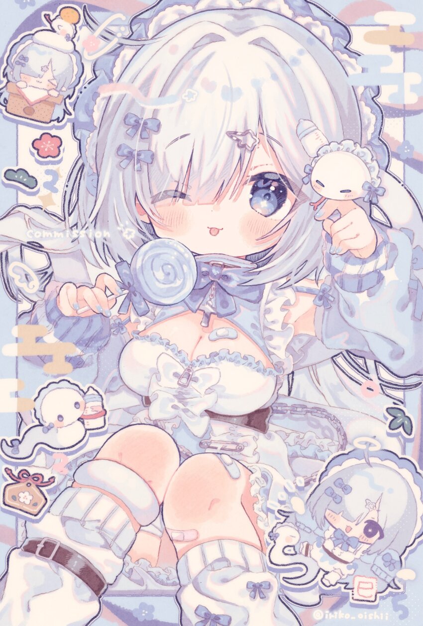 &gt;_&lt; 1girl :3 :d baby_bottle bandaid bandaid_on_leg blue_dress blue_eyes blue_nails blue_ribbon blue_sleeves blue_socks blush bottle breasts candy character_request chibi cleavage cleavage_cutout closed_mouth clothing_cutout commentary_request commission copyright_request detached_sleeves dress eyes_visible_through_hair feet_out_of_frame food grey_hair hair_over_one_eye hair_ribbon hands_up highres holding holding_candy holding_food holding_lollipop kamizakana_iriko kneehighs lollipop long_hair long_sleeves looking_at_viewer medium_breasts nail_polish one_eye_closed open_mouth ribbon skeb_commission sleeveless sleeveless_dress smile snake socks swirl_lollipop twitter_username x3