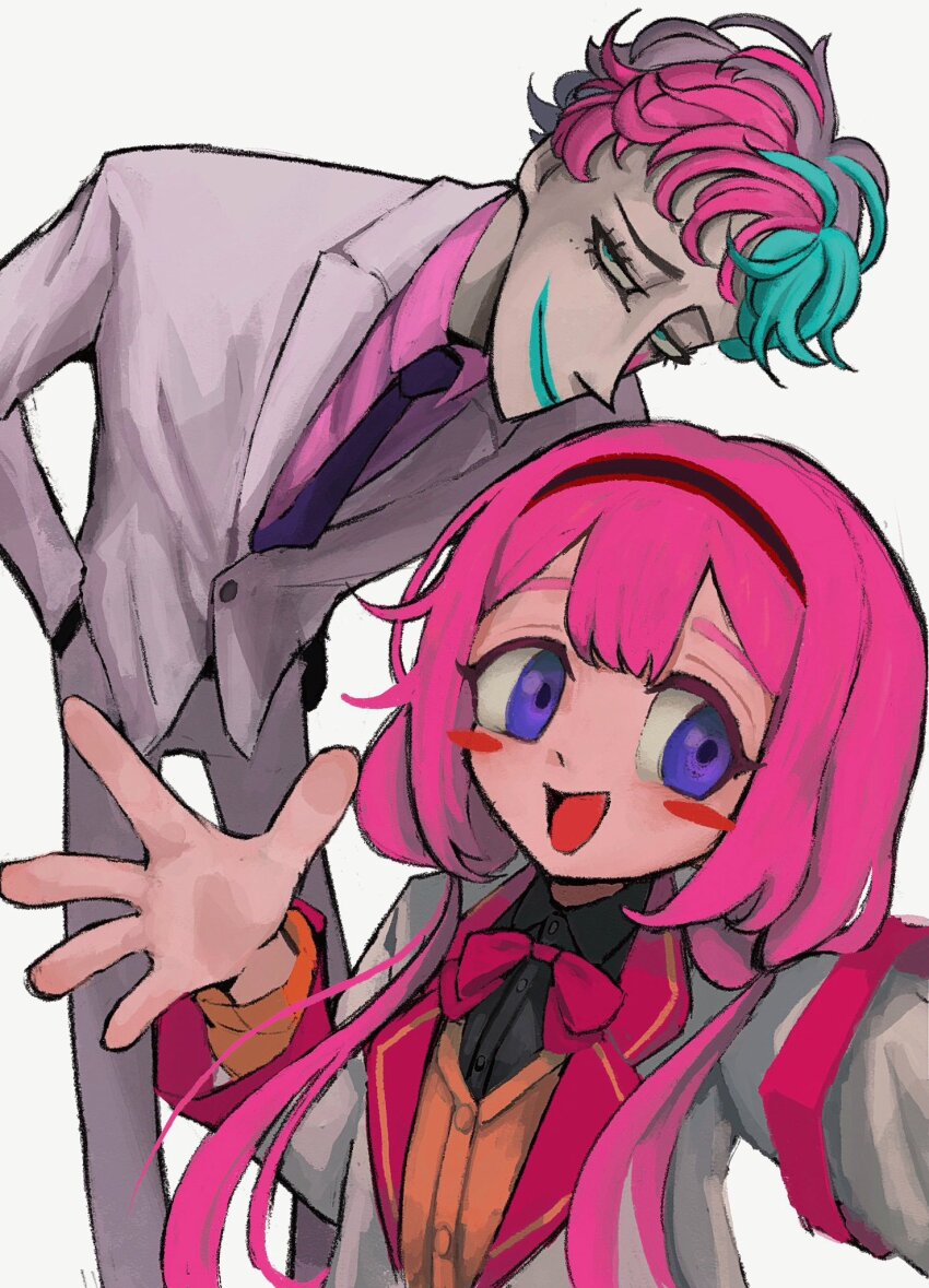 1boy 1girl aqua_hair aqua_lips black_hairband black_shirt blue_eyes blush_stickers brown_cardigan cardigan formal_clothes hairband hands_in_pockets highres hz7dkr jacket joe_rikiichi joe_rikiichi_(1st_costume) leaning_forward long_hair long_sleeves looking_at_viewer low_twintails multicolored_hair necktie nijisanji open_mouth pink_hair pink_shirt school_uniform selene_girls_school_uniform selfie shirt short_hair smile suit suo_sango suo_sango_(1st_costume) teardrop_facial_mark twintails virtual_youtuber white_jacket white_suit