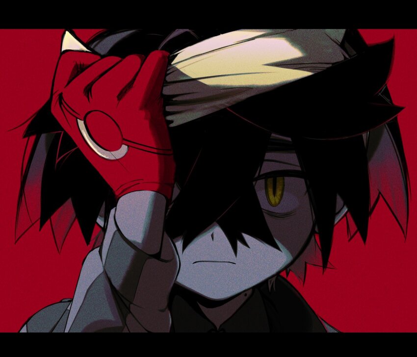 1boy black_hair closed_mouth gloves hair_between_eyes ieiieiiei kieran_(pokemon) letterboxed long_sleeves looking_at_viewer male_focus mole mole_on_neck multicolored_hair nintendo pokemon pokemon_sv portrait red_background red_gloves red_hair simple_background solo