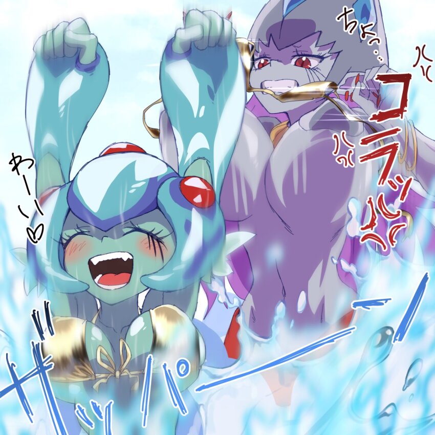 2girls anger_vein arms_up bikini blush bouncing_breasts breasts calamaramon clenched_hands colored_skin digimon digimon_(creature) digimon_frontier earrings evolutionary_line eyelashes front-tie_top gerusyu gold_bikini golden_week green_skin highres jewelry large_breasts missing_commentary multiple_girls nail_polish pointy_ears purple_skin ranamon swimsuit water