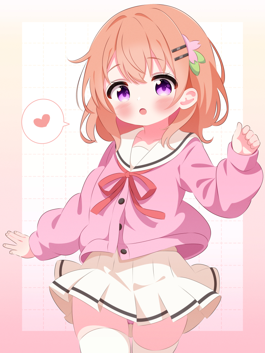 1girl blush brown_hair cardigan collarbone flat_chest flower gochuumon_wa_usagi_desu_ka? grid grid_background hair_flower hair_ornament hairclip heart highres hoto_cocoa long_sleeves looking_at_viewer neck_ribbon open_mouth panties panty_peek pink_cardigan pink_eyes pink_panties r245 red_ribbon ribbon school_uniform short_hair skirt speech_bubble spoken_heart standing thighhighs underwear white_background white_skirt white_thighhighs wind wind_lift