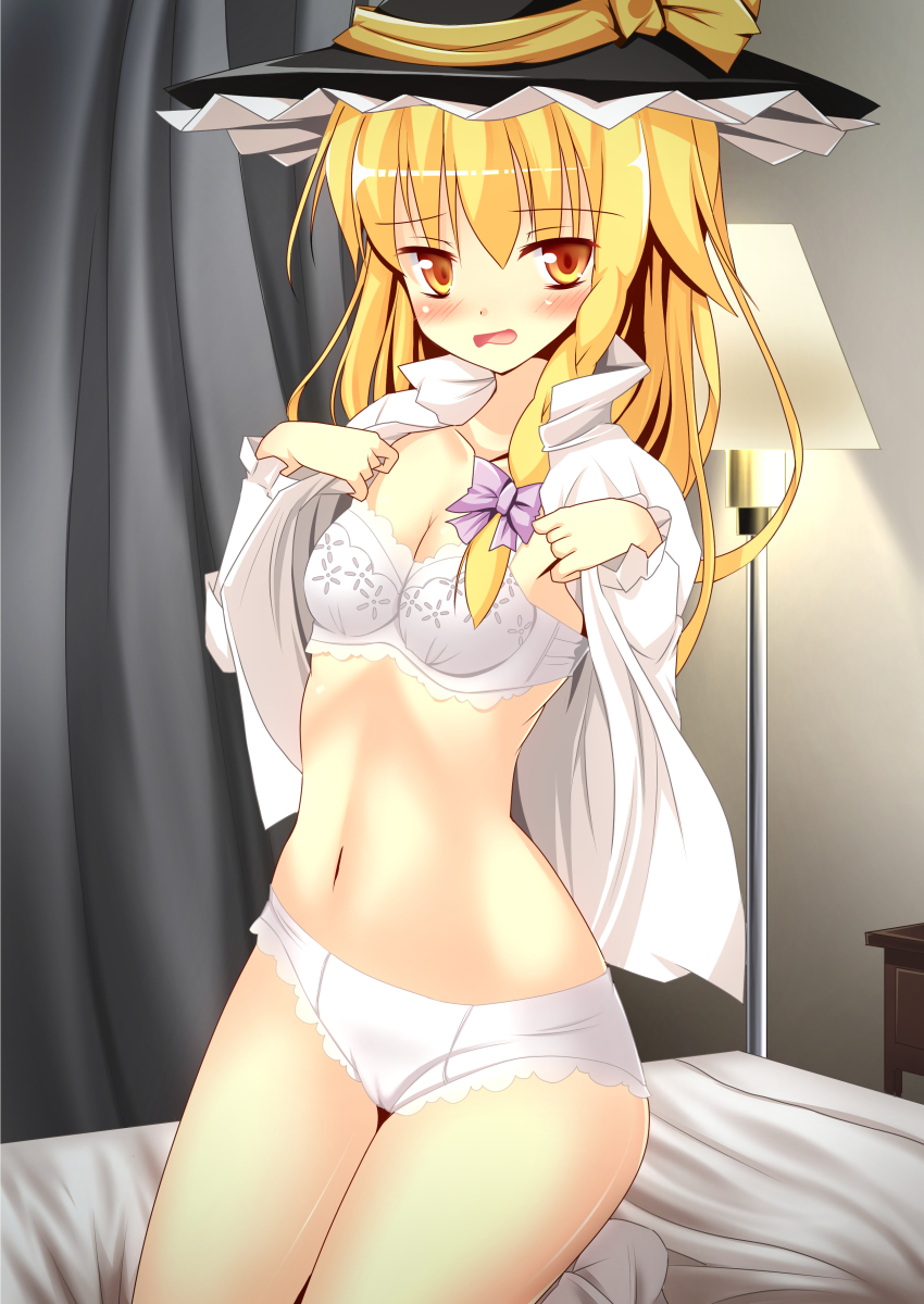 1girl absurdres azusa_(cookie) blonde_hair blush bow bra braid breasts brown_eyes cleavage commentary_request cookie_(touhou) curtains frilled_hat frills full_body hair_bow hat hat_bow highres indoors kirisame_marisa lamp long_hair looking_at_viewer medium_breasts on_bed open_mouth panties purple_bow shirt side_braid single_braid solo szk touhou underwear undressing white_bra white_panties white_shirt yellow_bow