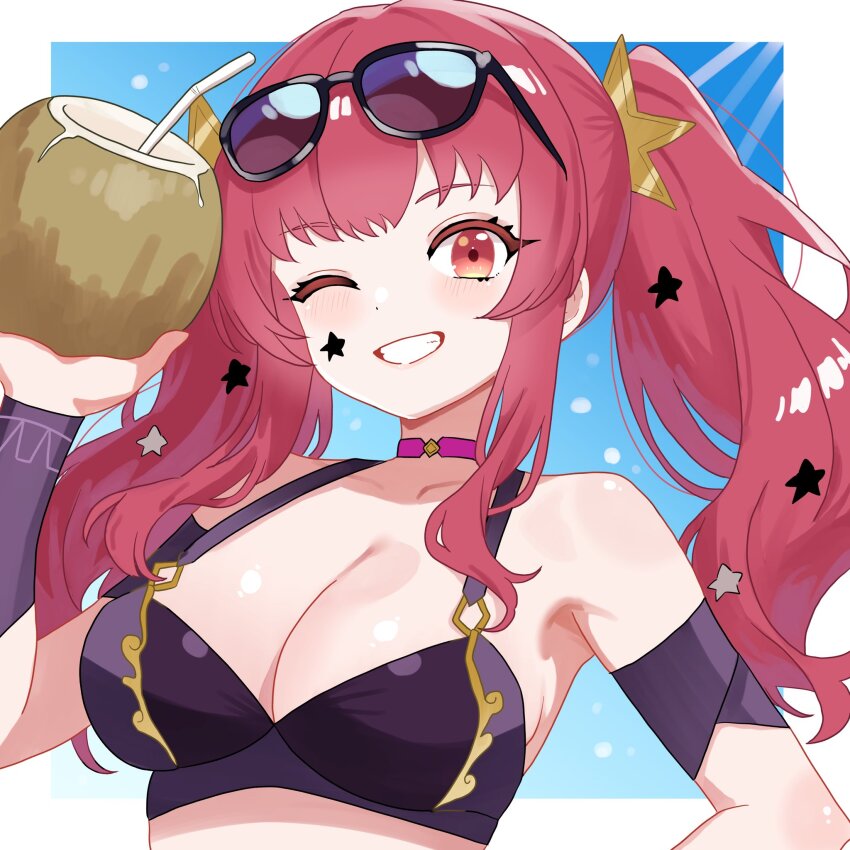 1girl alternate_costume alternate_hairstyle armband armpits bare_shoulders bikini black_bikini blush breasts choker cleavage coconut drink eyewear_on_head facial_mark fire_emblem fire_emblem_engage grin hair_ornament hand_up highres holding holding_drink large_breasts long_hair looking_at_viewer medium_breasts n_54 nintendo one_eye_closed pink_choker purple_bikini red_eyes red_hair smile solo star_(symbol) star_facial_mark star_hair_ornament sunglasses swimsuit twintails upper_body yunaka_(fire_emblem)