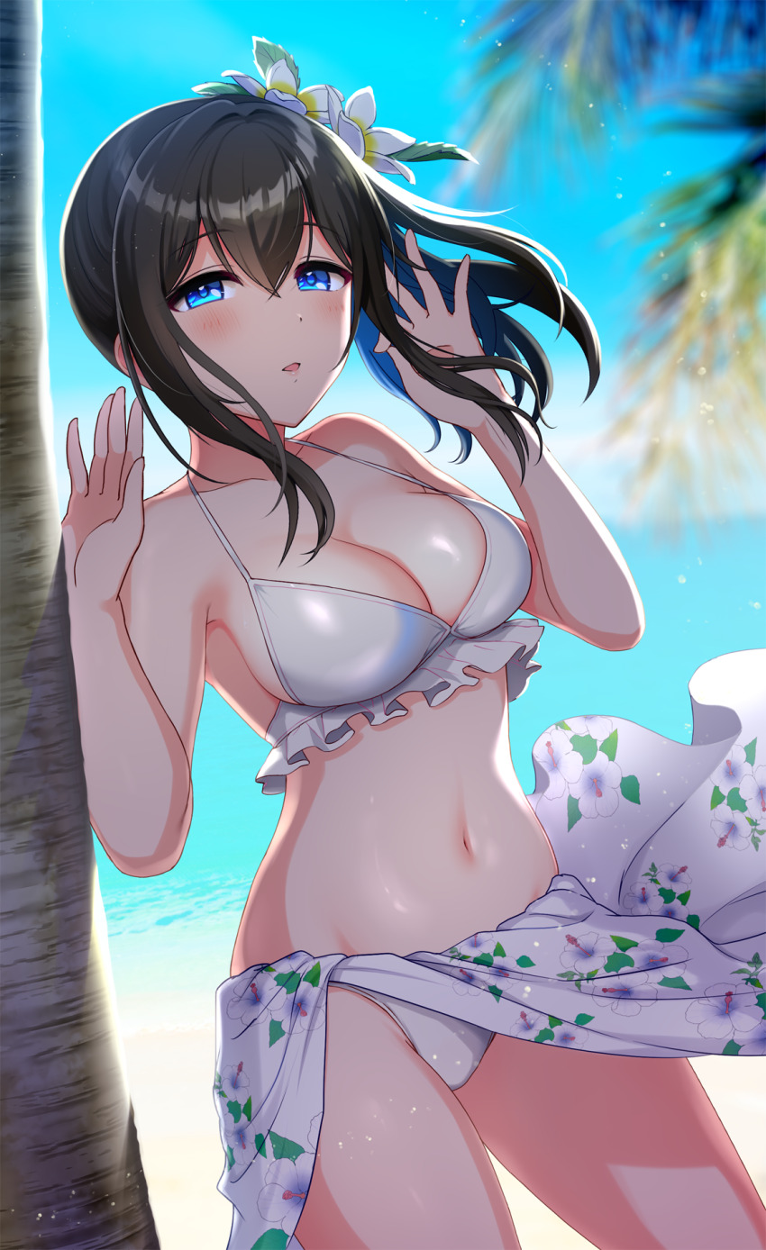 1girl arms_up beach bikini black_hair blue_eyes blue_sky blurry blurry_background breasts cleavage collarbone commentary_request day flower hair_between_eyes hair_flower hair_ornament highres idolmaster idolmaster_cinderella_girls long_hair looking_at_viewer medium_breasts natsuya_(natuya777) navel ocean outdoors palm_tree parted_lips sagisawa_fumika sarong sidelocks sky solo standing swimsuit tree white_bikini white_sarong