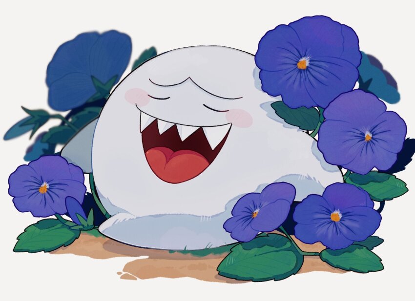 blue_flower blush_stickers boo_(mario) closed_eyes flower ghost leaf mario_(series) mofupoyo nintendo no_humans open_mouth sharp_teeth simple_background solo teeth upper_teeth_only white_background