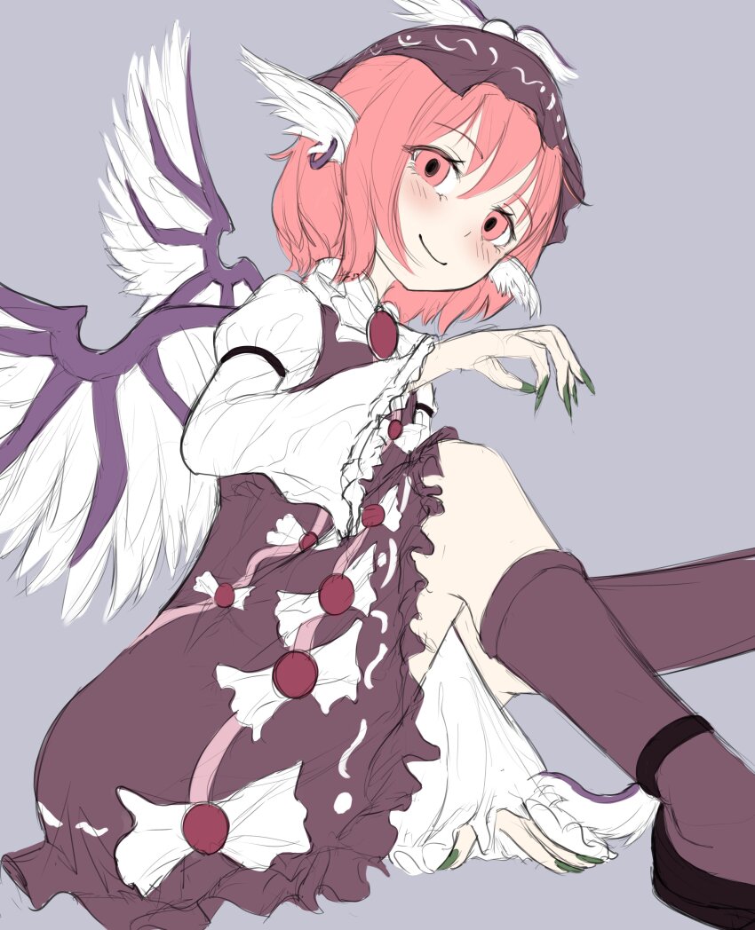 1girl absurdres animal_ear_piercing animal_ears bird_ears bird_wings black_footwear blush brown_dress brown_hat closed_mouth commentary dress full_body grey_background hat highres juliet_sleeves long_sleeves looking_at_viewer mystia_lorelei pink_eyes pink_hair puffy_sleeves pygrenix short_hair simple_background sitting smile socks solo touhou white_wings winged_hat wings