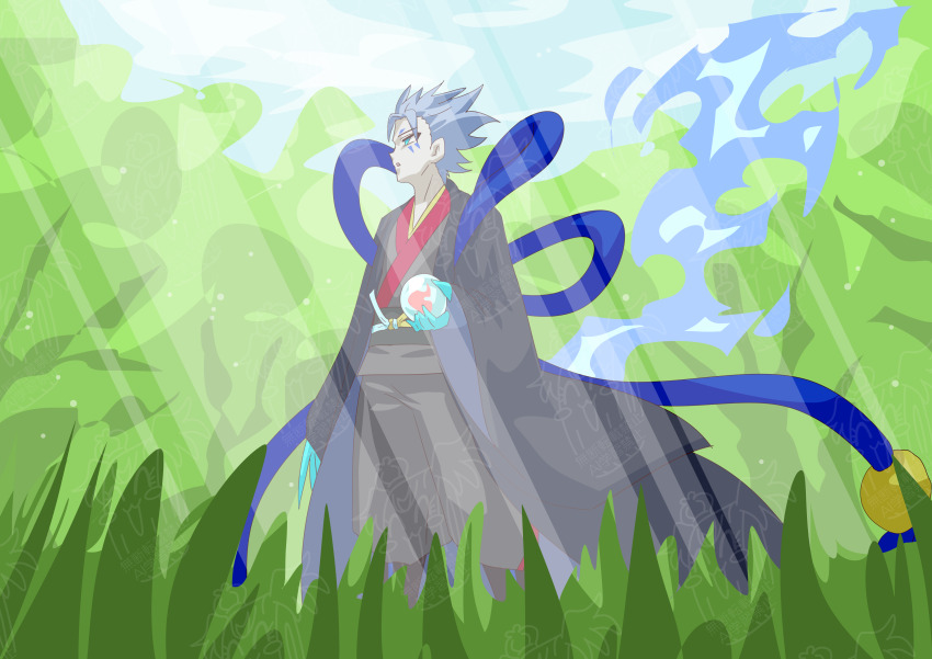 1boy absurdres black_haori black_kimono blue_eyes blue_hair blue_ribbon claws cloud colored_skin demon_boy flame-tipped_tail grass grey_skin haori highres holding_orb japanese_clothes kimono open_mouth otokamu precure ribbon short_hair sky solo subaru_(precure) sunlight tree wonderful_precure!