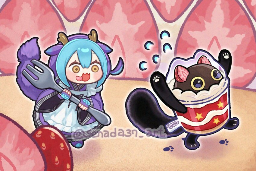 animal_hands apron black_cat blue_hair boots cat cat_paws cup cupsie_yummy dragon_girl dragon_horns duel_monster eastern_dragon_horns fingerless_gloves food footprints fork frilled_apron frills fruit gloves holding holding_fork horns japanese_clothes laundry_dragonmaid running senada37 smile strawberry sweat tongue tongue_out waist_apron watermark white_apron white_background yellow_eyes yu-gi-oh!