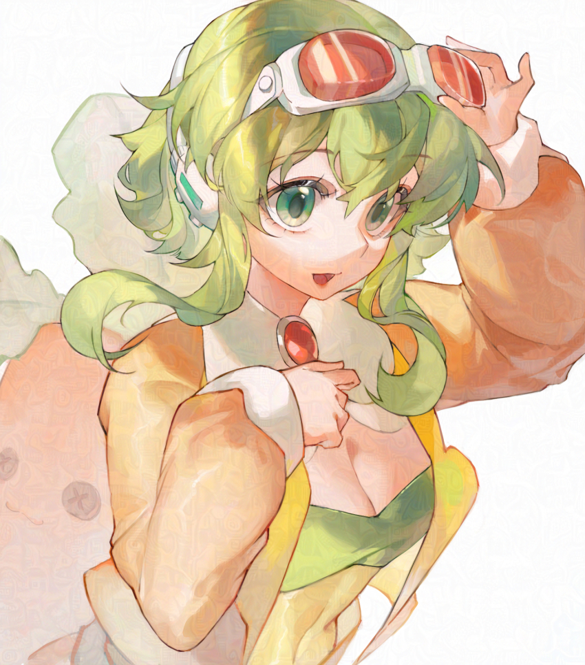 1girl :d adjusting_goggles adversarial_noise breast_rest breasts carrot cleavage detached_collar from_above from_side goggles goggles_on_head green_eyes green_hair gumi hand_on_own_chest highres jacket long_sleeves medium_breasts open_clothes open_jacket open_mouth orange_jacket puffy_long_sleeves puffy_sleeves red_brooch short_hair_with_long_locks sidelocks simple_background smile solo stratocumuli tongue upper_body vocaloid white_background