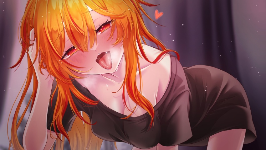 1girl bent_over black_shirt blurry blurry_background blush breasts cleavage collarbone commentary_request cowboy_shot curtains fang hair_between_eyes half-closed_eyes hand_in_own_hair hanging_breasts heart heart-shaped_pupils highres indoors kazami_kuku light_particles long_bangs long_hair looking_at_viewer medium_breasts naked_shirt nanashi_inc. open_mouth orange_eyes orange_hair reona_kfc02 saliva shirt short_sleeves sidelocks smile solo symbol-shaped_pupils textless_version tongue tongue_out translation_request virtual_youtuber