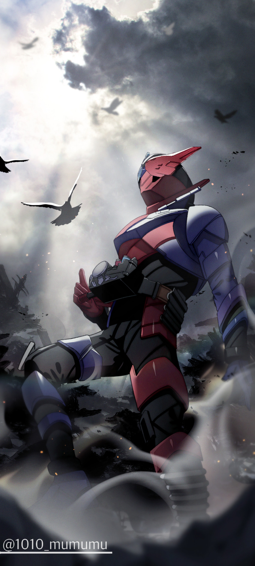 1010_mumumu 1boy absurdres armor bird black_bodysuit blue_armor blue_helmet bodysuit build_driver cloud commentary_request helmet highres kamen_rider kamen_rider_build kamen_rider_build_(series) looking_up male_focus power_armor rabbit+tank_form red_armor red_helmet solo sunlight