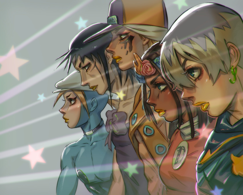1girl 4boys baseball_cap beret black_choker black_hair blue_bodysuit blue_eyes bodysuit bow breasts brown_eyes charming_man choker dark-skinned_female dark_skin dragona_joestar dreadlocks earrings facial_mark flower grey_hair grey_hat hair_flower hair_ornament hat head_wreath highres jewelry jodio_joestar jojo_no_kimyou_na_bouken makeup multicolored_hair multiple_boys orange_hair orange_hat orange_lips orange_shirt paco_laburantes profile purple_hair rosarobot shirt short_hair star_(symbol) the_jojolands two-tone_hair usagi_aloha&#039;oe