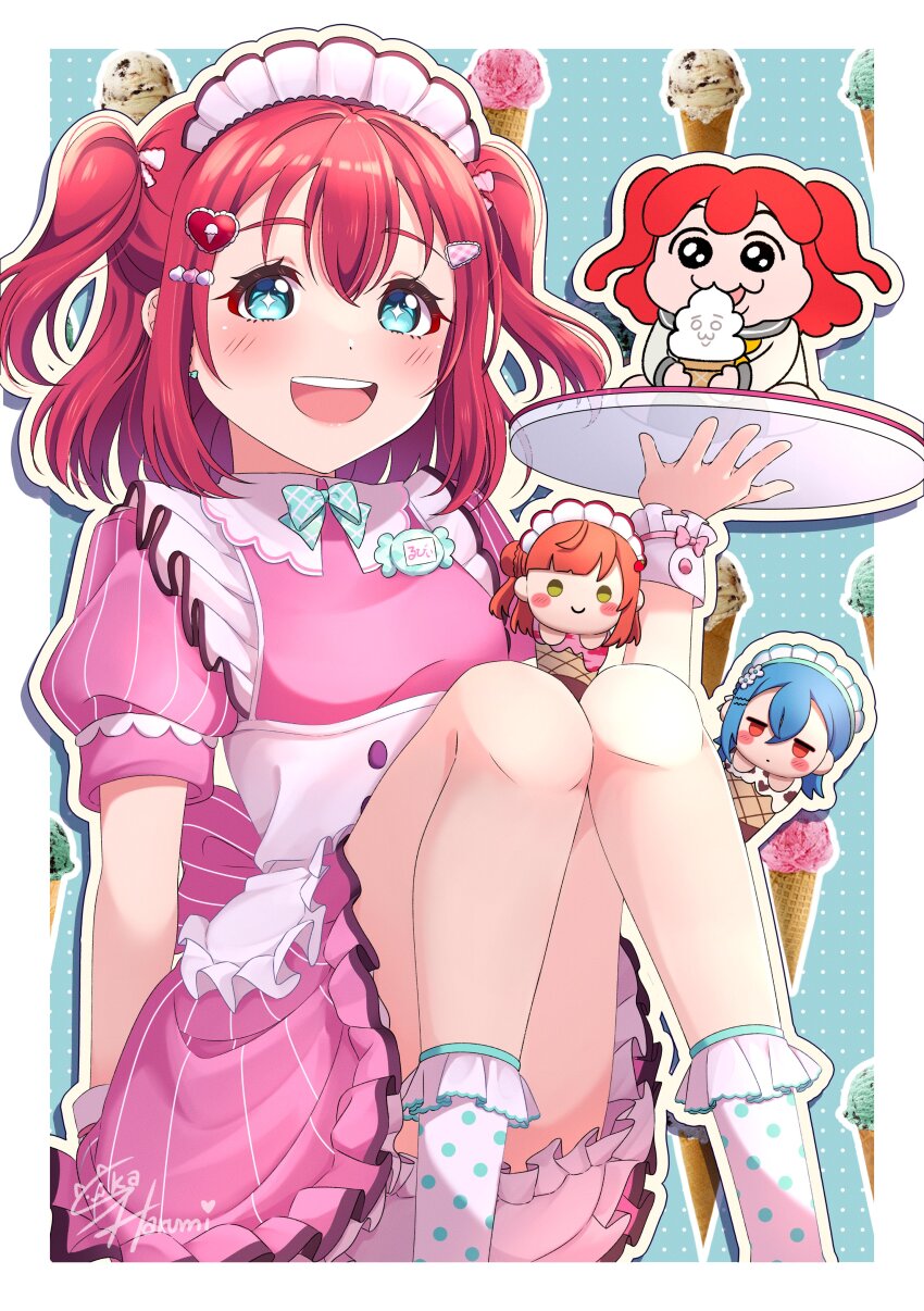 2girls :d absurdres ai_scream!_(love_live!) aiscream_(love_live!) aqua_background aqua_socks artist_name back_bow blue_hair border bow commentary_request cotton_candy_ei-ei-oh! dress dual_persona eating feet_out_of_frame food frilled_socks frills grey_sailor_collar hair_bun hair_ornament hairpin heart heart_hair_ornament highres holding holding_tray ice_cream ice_cream_cone kawaisouni!_(onkun_suko)_(style) kurosawa_ruby long_hair long_sleeves love_live! love_live!_nijigasaki_high_school_idol_club love_live!_sunshine!! love_live!_superstar!! maid mini_person minigirl multiple_girls official_alternate_costume open_mouth orange_hair outline outside_border photo_inset pink_bow pink_dress pinstripe_bow pinstripe_dress pinstripe_pattern polka_dot_socks puffy_short_sleeves puffy_sleeves red_hair sailor_collar school_uniform shirt short_sleeves signature single_side_bun single_sidelock sitting ska.harumi smile socks soft_serve solo_focus teeth tray two_side_up uehara_ayumu upper_teeth_only uranohoshi_school_uniform wakana_shiki white_border white_outline white_shirt white_socks winter_uniform