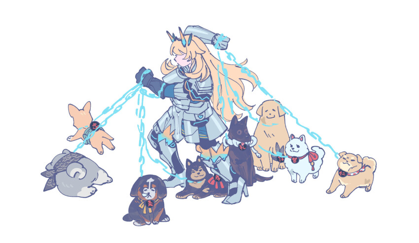 1girl animal armor barghest_(fate) barghest_(first_ascension)_(fate) bernese_mountain_dog blonde_hair breastplate chain daikaku_(fate) diamond_hairband dog dousetsu_(fate) fate/grand_order fate_(series) faulds gauntlets genpachi_(fate) german_shepherd greaves holding holding_chain holding_leash husky keno_(fate) kobungo_(fate) labrador_retriever leash long_hair multiple_dogs oneroom-disco pauldrons puppy samoyed_(dog) shiba_inu shinbei_(dog)_(fate) shino_(fate) shoulder_armor simple_background sousuke_(fate) too_many too_many_dogs welsh_corgi white_background