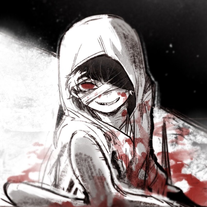 1girl bandage_over_one_eye blood blood_on_clothes blood_on_face commentary_request grin heroine_(homicipher) homicipher hood hood_up korean_commentary looking_at_viewer raincoat reaching reaching_towards_viewer red_eyes short_hair smile spot_color sweeeet_him