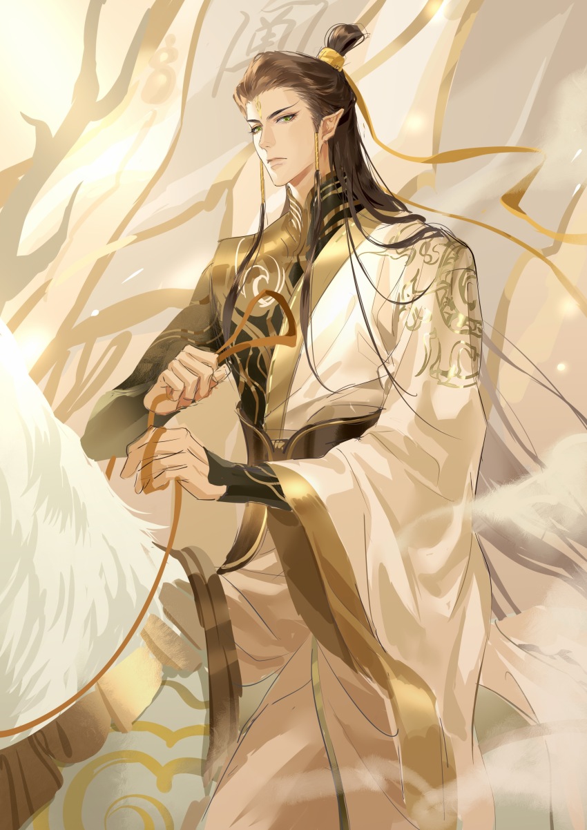 1boy absurdres bacteriashintaro black_bodysuit black_sash bodysuit branch brown_hair chinese_clothes chinese_commentary closed_mouth cowboy_shot facial_mark flag forehead_mark green_eyes hair_ribbon hanfu highres holding holding_reins horse horseback_riding long_hair long_sleeves looking_at_viewer low-tied_sidelocks lutong_(nezha_zhi_motong_jiangshi) male_focus nezha_zhi_motong_jiangshi pointy_ears reins ribbon riding sash sidelocks solo topknot white_hanfu wide_sleeves yellow_ribbon