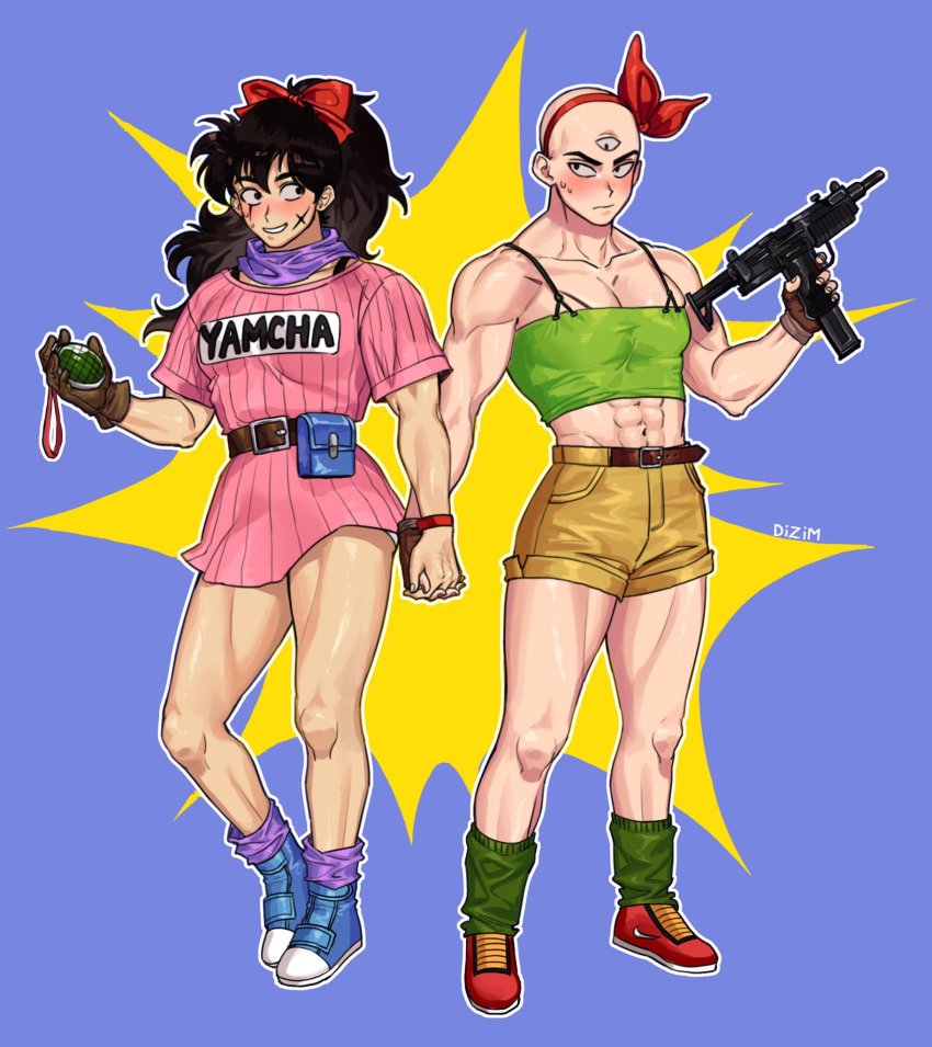 2boys ^^^ abs artist_name bald belt black_eyes black_hair blue_background blush boots bracelet brown_gloves bulma bulma_(cosplay) character_name clothes_writing commentary cosplay crossdressing dragon_ball dragon_ball_(classic) dress embarrassed facial_scar fanny_pack finger_on_trigger fingernails frown full_body gloves green_legwear gun hair_ribbon hairband highres holding holding_gun holding_hands holding_weapon jewelry long_hair looking_at_another looking_away lunch_(dragon_ball) lunch_(dragon_ball)_(cosplay) machine_pistol male_focus multiple_boys muscular muscular_male nervous_smile pink_dress ponytail purple_legwear purple_scarf radar red_footwear red_hairband red_ribbon ribbon scar scar_on_cheek scar_on_face scarf shirt shoes short_dress shorts simple_background single_glove smile sneakers socks spread_legs standing standing_on_one_leg submachine_gun sweatdrop symbol-only_commentary tank_top tenshinhan thighs third_eye tight_clothes tight_shirt uzi veins weapon yamcha yuyurourou02