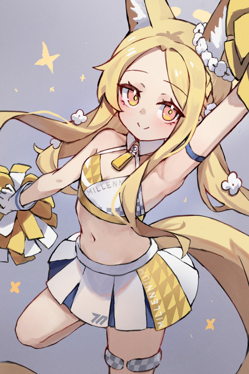1girl animal_ear_fluff animal_ears armpits bare_shoulders blonde_hair blue_archive blush braid breasts cheerleader cleavage closed_mouth cosplay flower forehead fox_ears fox_girl fox_tail gloves grey_background hair_flower hair_ornament halo highres long_hair millennium_cheerleader_outfit_(blue_archive) miya_(miyaruta) navel parted_bangs pink_eyes pleated_skirt pom_pom_(cheerleading) seia_(blue_archive) simple_background skirt small_breasts smile solo standing standing_on_one_leg tail very_long_hair white_flower white_gloves white_skirt yellow_halo
