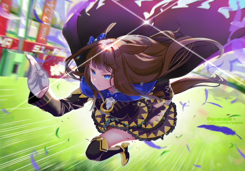 1girl 2006 arima_kinen black_thighhighs blue_eyes blurry blurry_background brown_hair brown_skirt cape deep_impact_(umamusume) dutch_angle feathers full_body gloves grass high_heels horse_racing_track long_hair quatraise running skirt solo thighhighs twitter_username umamusume white_gloves