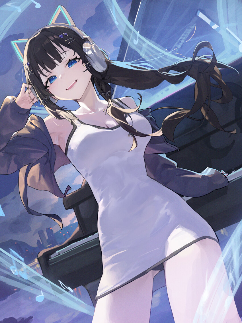 1girl :d absurdres animal_ear_headphones animal_ears arm_up armpits bare_shoulders black_hair black_jacket blue_eyes breasts cat_ear_headphones cityscape cleavage collarbone commentary_request dress fake_animal_ears from_below gluteal_fold hair_ornament hairclip headphones heart heart_hair_ornament highres instrument jacket long_hair long_sleeves looking_at_viewer mac_star medium_breasts off_shoulder open_clothes open_jacket open_mouth original outdoors panties pantyshot piano ponytail sheet_music short_dress sidelocks sleeveless sleeveless_dress smile solo underwear upskirt white_dress