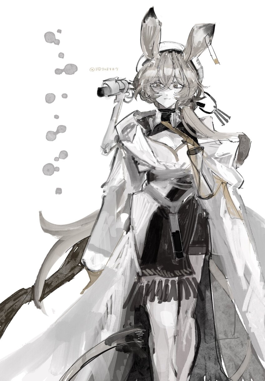 1girl animal_ears arknights black_skirt blonde_hair brown_eyes coat dorothy_(arknights) ear_tag feet_out_of_frame hair_between_eyes highres jerboa_tail lab_coat long_hair looking_at_viewer mouse_ears muted_color nou_darake sidelocks single_bare_shoulder sketch skirt solo standing twitter_username white_background white_coat white_skirt
