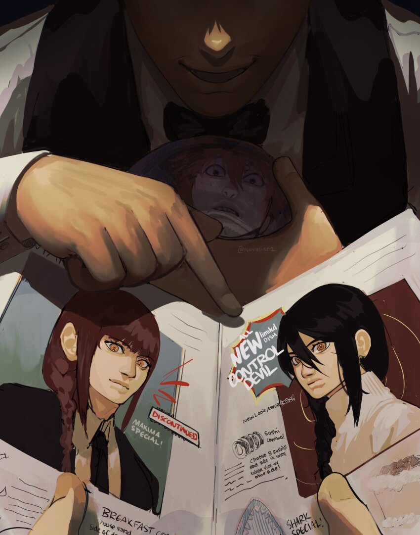 2boys 2girls artist_name black_coat black_hair black_necktie black_vest blonde_hair blue_background blunt_bangs bow bowtie braid braided_ponytail brown_eyes chainsaw_man character_name closed_mouth coat collared_shirt demon_girl denji_(chainsaw_man) english_text expressionless gradient_background green_background hair_between_eyes highres holding holding_menu long_hair long_sideburns looking_at_viewer makima_(chainsaw_man) menu multiple_boys multiple_girls nayuta_(chainsaw_man) necktie novalise1 parted_bangs pointing red_background red_hair reflection ringed_eyes sharp_teeth shirt short_hair side_braid sideburns single_braid square sweatdrop sweater teeth twitter_username two-tone_background upper_body vest waiter white_shirt white_sweater yellow_eyes