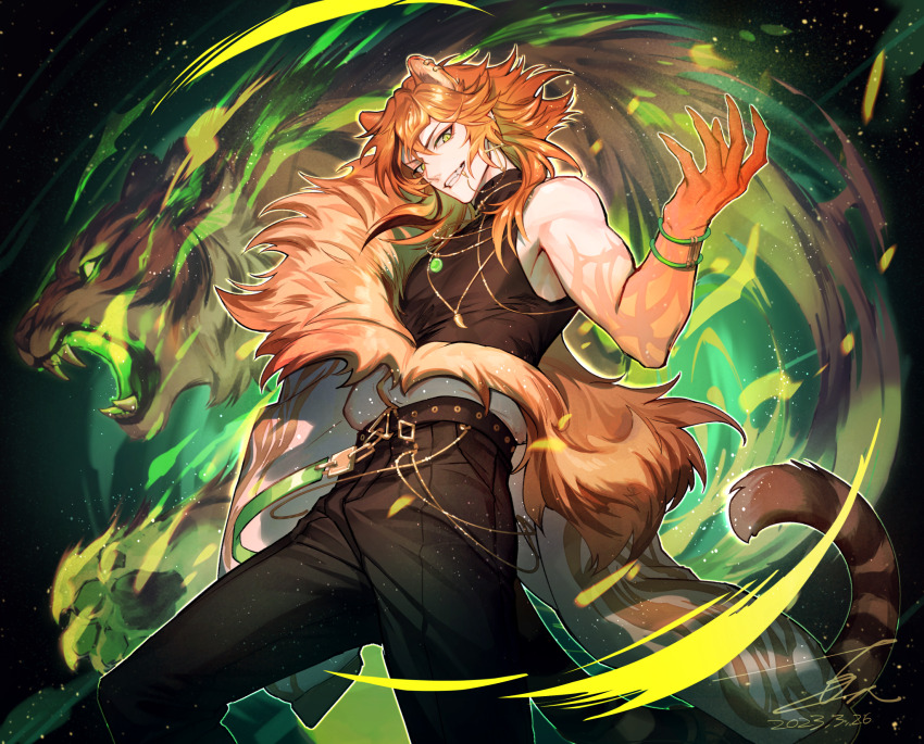 1boy animal animal_ear_piercing animal_ears black_pants black_shirt bracelet dated eyelashes eyeliner glowing glowing_eyes glowing_mouth grin highres indie_virtual_youtuber jewelry long_hair makeup male_focus necklace orange_hair pants shin_(sinsin12121) shirt signature sleeveless sleeveless_shirt slit_pupils smile solo tail tiger tiger_boy tiger_ears tiger_tail toned toned_male tooth_necklace tora_karu virtual_youtuber yellow_eyes